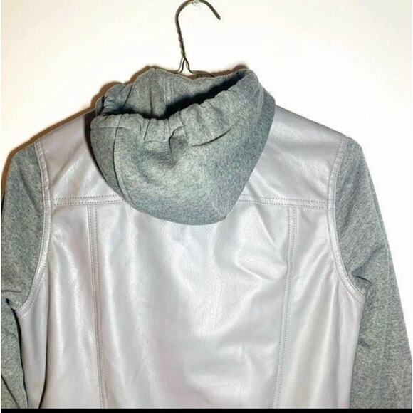 Gray Faux Leather Knit Hoodie Jacket Zip-Up Bomber Style Streetwear Size Small - Picture 5 of 8